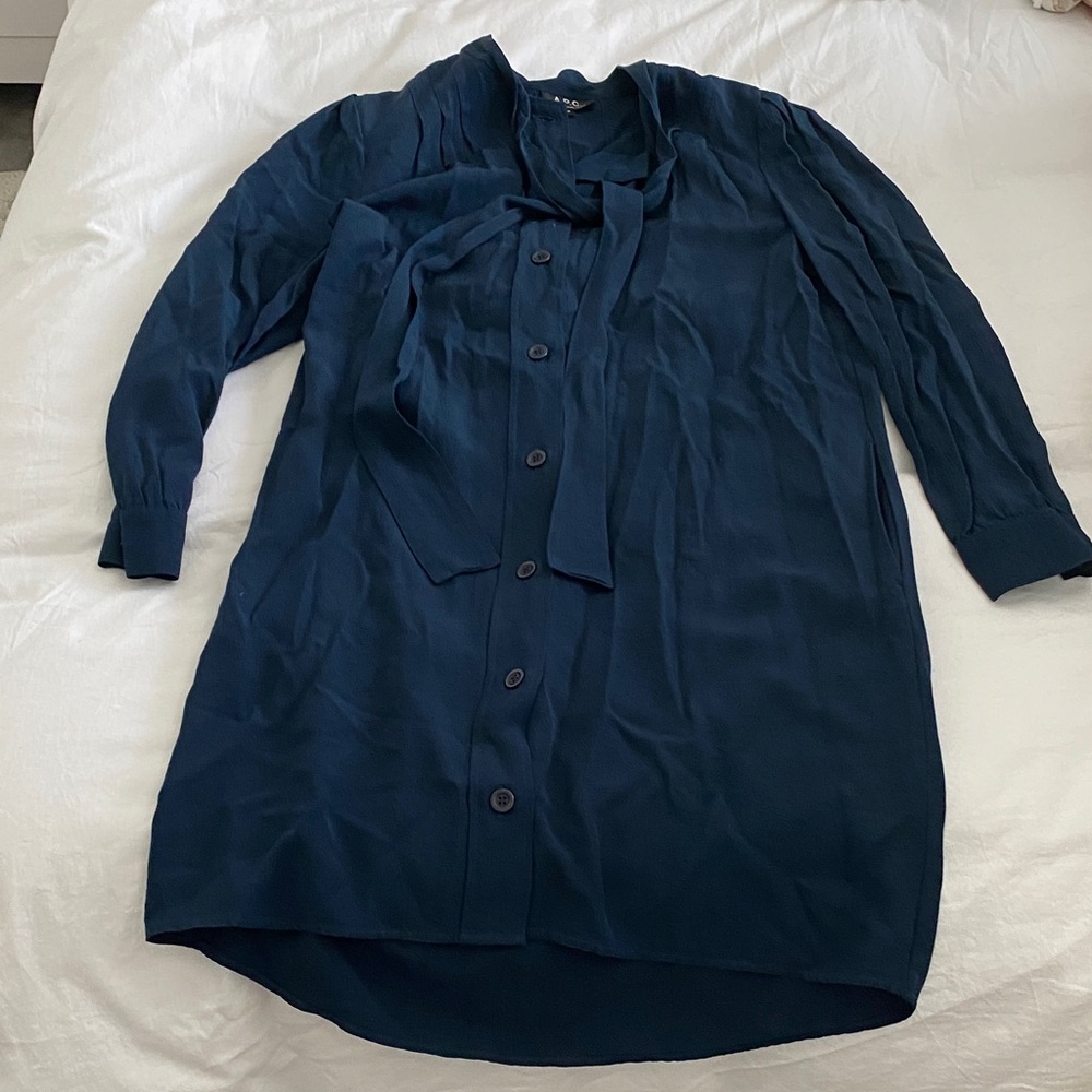 A.P.C. Navy Button-Down Longline Shirt Dress with Neck Tie